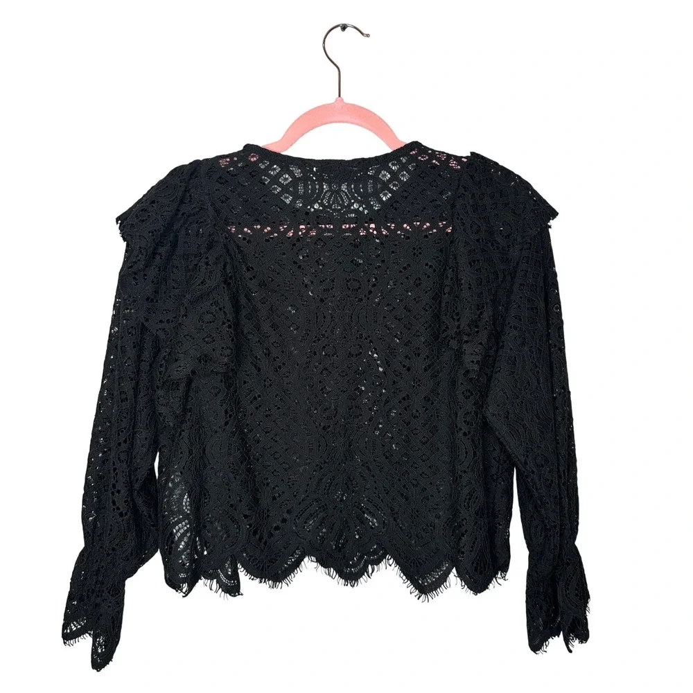 Zara Goth Black Guipure Lace Ruffle Blouse Scallop Hem Long Sleeve Top Medium